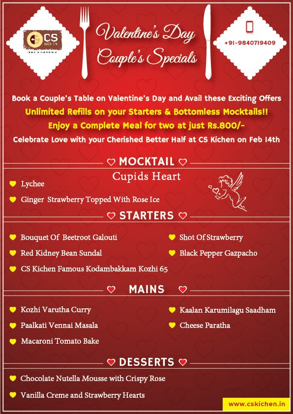 cskichenchennai's tweet photo. Book a Couple's Table on Valentine's Day and Avail these Exciting Offers #CSKichen #Kodambakkam #Valentinesday #coupledinner #offers https://t.co/ZwUHVRCEY6