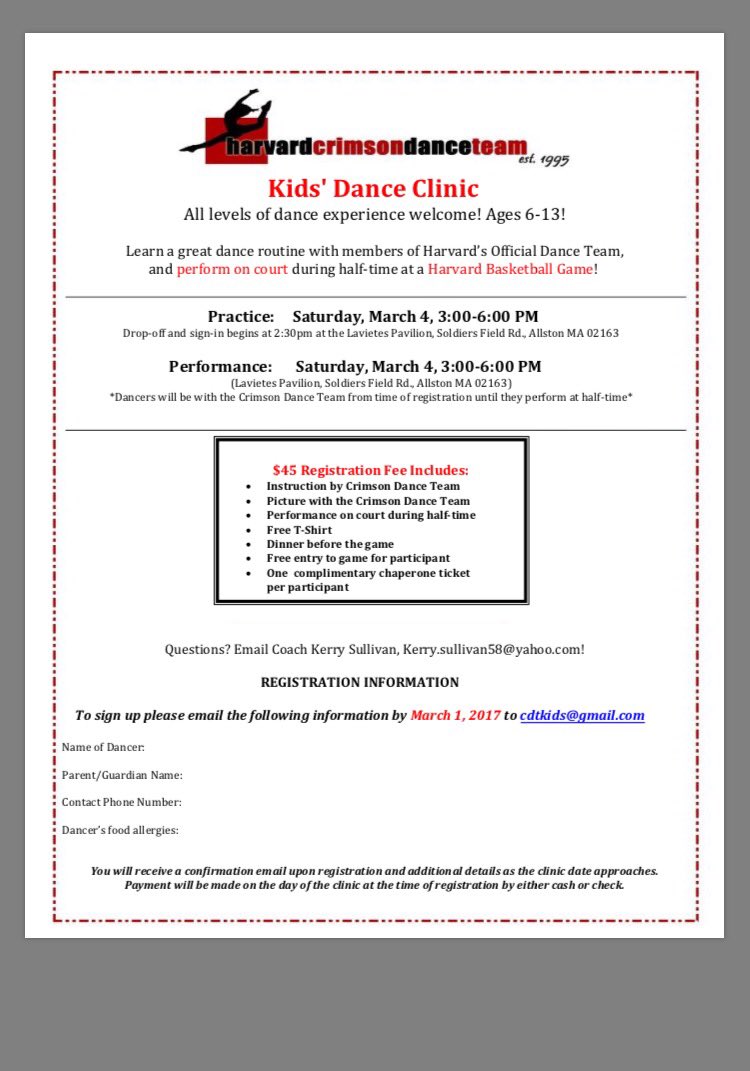 HarvardDT's tweet photo. Come dance with CDT at our annual kids clinic March 4! Ages 6-13 welcome- email cdtkids@gmail.com to register! https://t.co/2YdyP3wQ9l