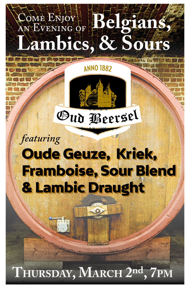 GlunzBeers's tweet photo. An Evening of Belgians, Lambics &amp; Sours w/@BrassTapOrland Thurs, March 2nd - 7pm.  Featuring @Bersalis Oud Beersel Brewery https://t.co/KIwK8odOFe