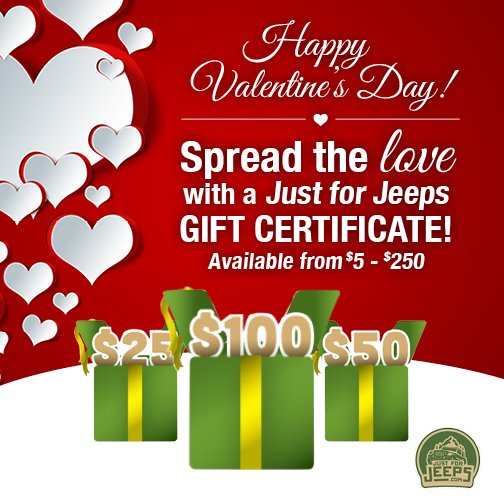 JustForJeeps's tweet photo. Send your Valentine one of our electronic gift certificates today!
https://t.co/C7wx18NKqf
#ValentinesDay https://t.co/TBg0HIamJH
