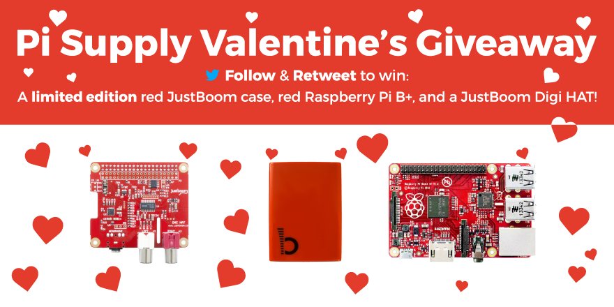 PiSupply's tweet photo. Happy Valentine's Day! To celebrate, we're giving away a RED @Raspberry_Pi B+, JustBoom Digi HAT &amp; case. Retweet &amp; Follow to enter :) https://t.co/iH0tzQNOUk