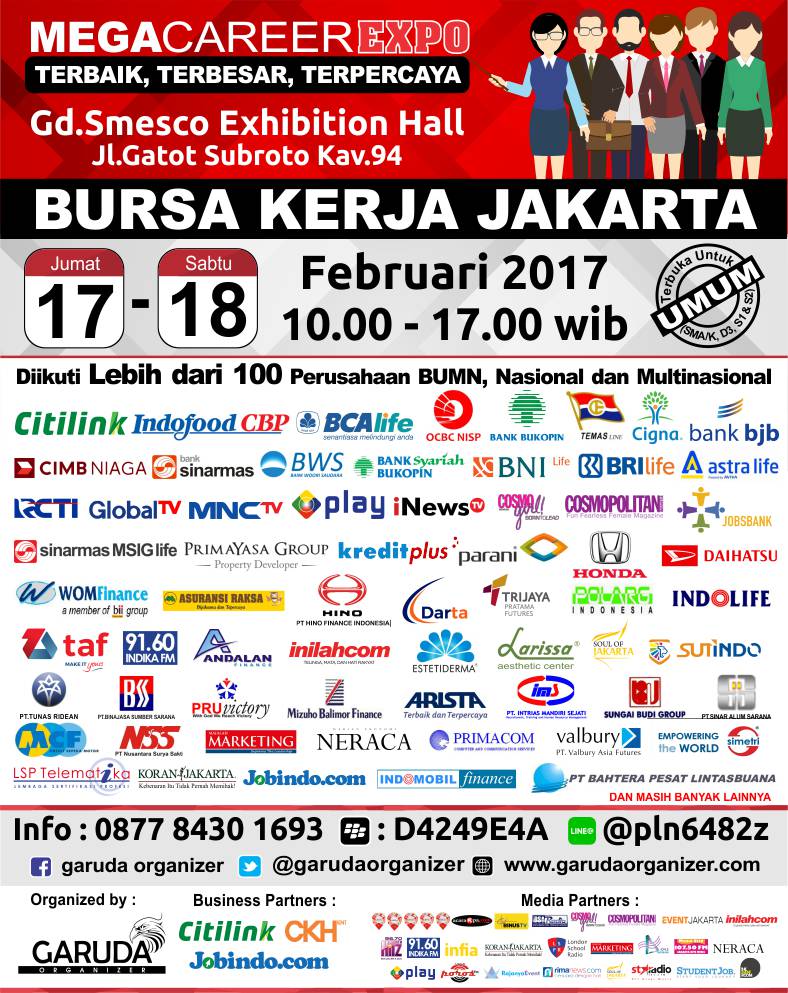 Mega Career Expo Jakarta| Gedung Smesco Exhibition Hall| 17-18 Februari 2017| Info : 087784301693 atau kunjungi garudaorganizer.com