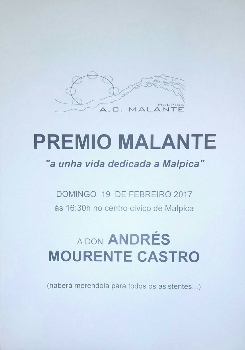 Entrega do premio da <a href="/acmalante/">A.C. Malante</a>
"a toda unha vida dedicada a #malpica "
Achégate este domingo 19 ás 16:30h ao C.Cívico a celebralo con nos!