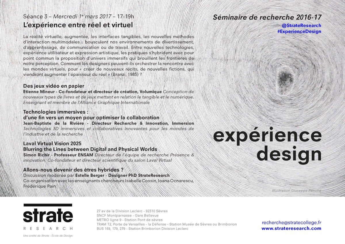 Le séminaire #ExperienceDesign revient <a href="/StrateResearch/">StrateResearch</a> le 1e mars à 17h. "Entre réel et virtuel", inscrivez-vous ici eventbrite.fr/e/billets-semi…