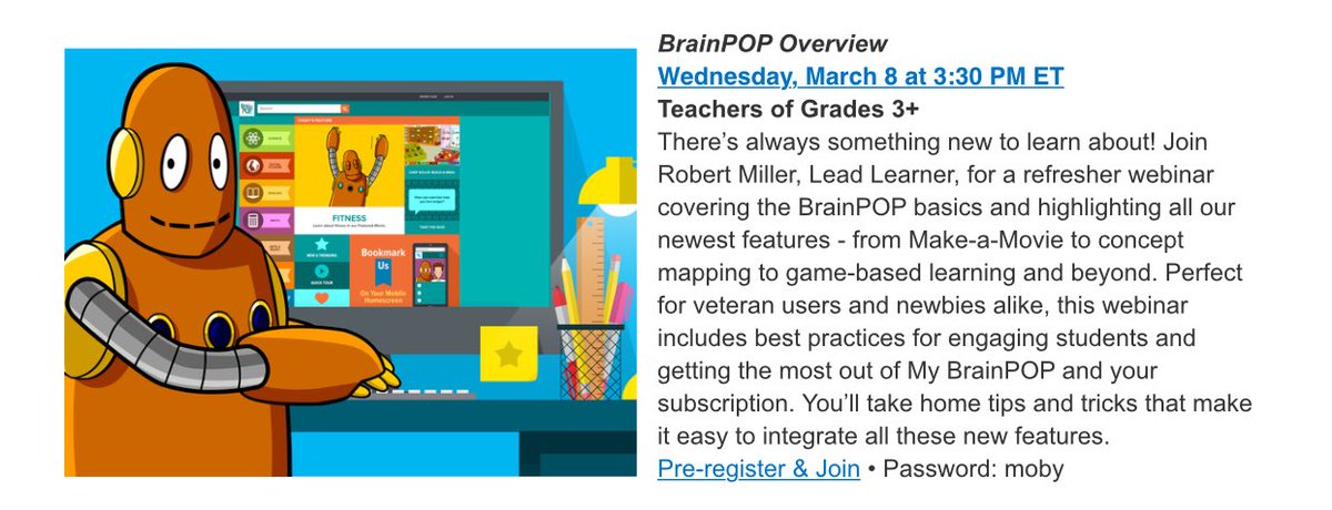 Cass_Stewart's tweet image. Want to learn more about the new @brainpop? Join @RobrtMiller for this webinar: brainpopevents.webex.com/brainpopevents… #VCSapple #VCSDLTL #VCSPLN