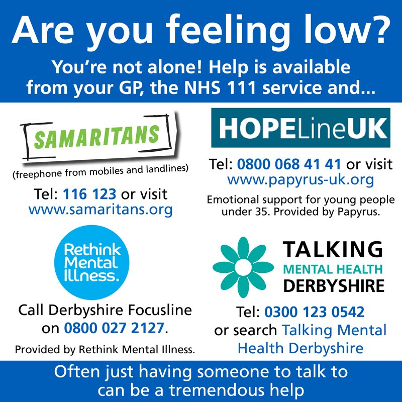 FEELING LOW? If you feel you have nowhere to turn and need emotional support, help is available... #derby #derbyshire