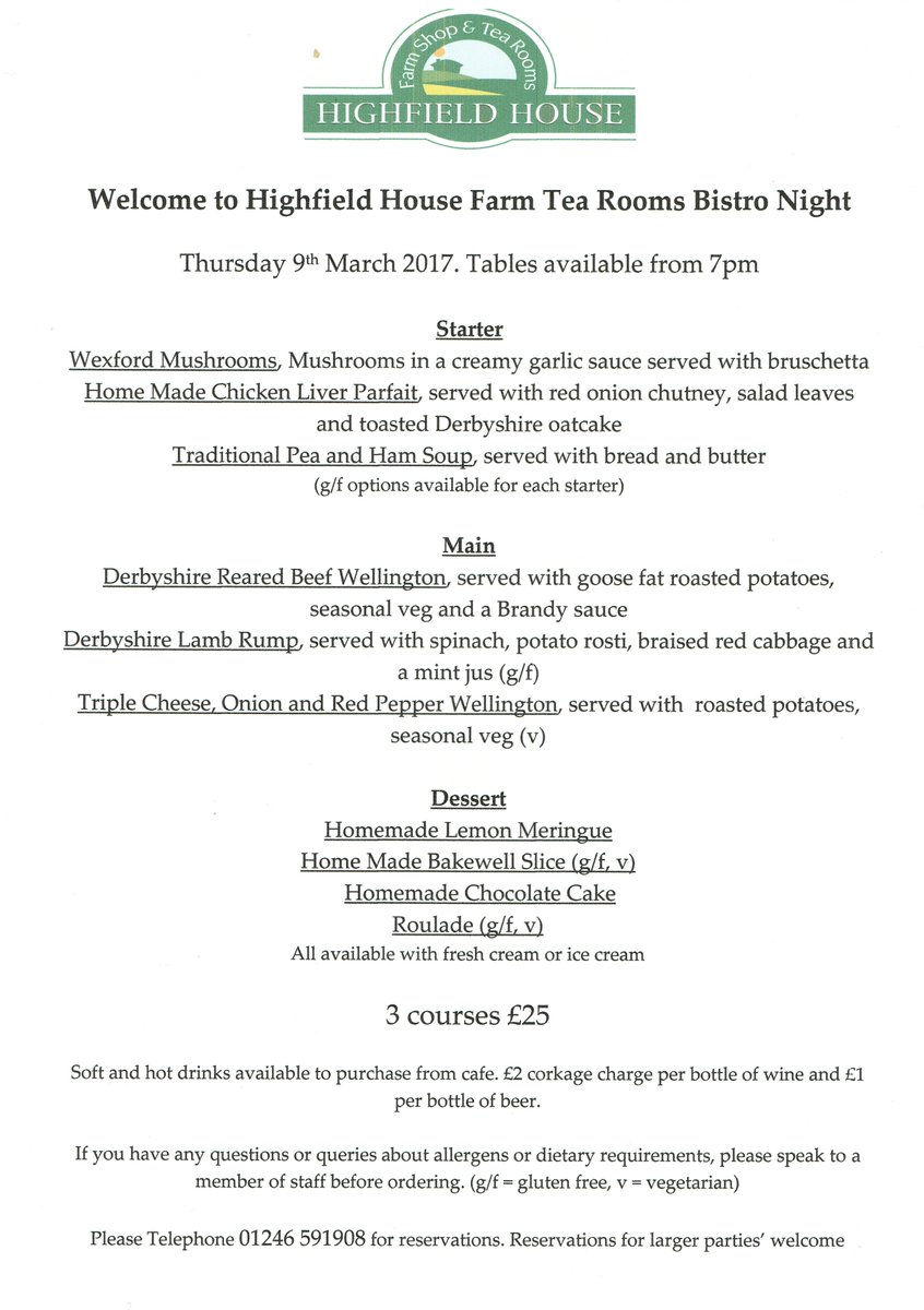 Welcome to our 1st ever Bistro night on Thursday 9th March.
3 courses for £25. Bookings now being taken. #derbyshireis #sfourtylocal