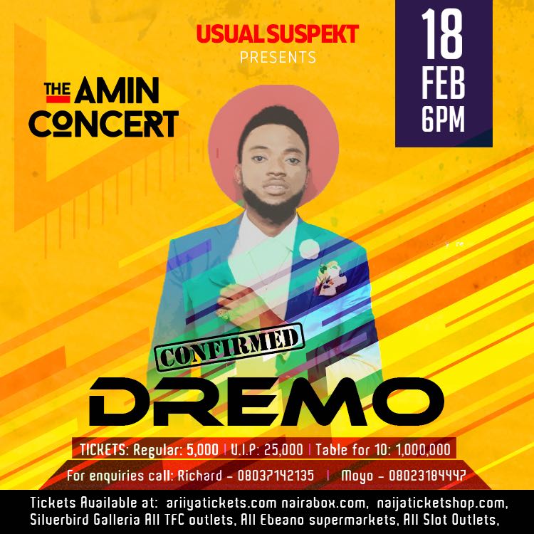 lusurgy's tweet photo. Tickets: Regular- N5000 | V.I.P- N25,000 | Table for 10- N1,000,000 #TheAminConcert cc @dammy_krane @Ultimalimited.4 Days to go. #undull https://t.co/uryYZ6BhqW