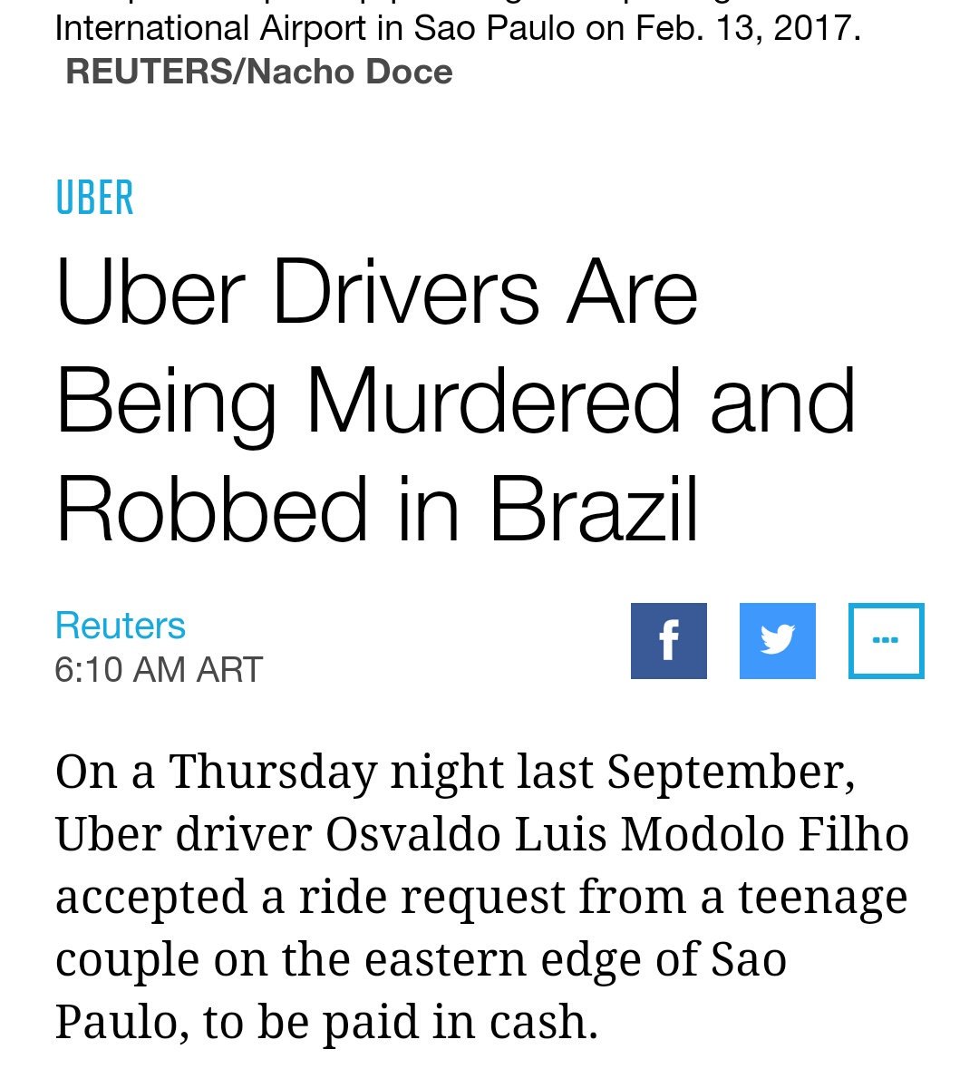 TaxiRamone's tweet photo. "Conductores de #Uber están siendo asesinados y asaltados en Brasil"
Hasta dan ternura los ferchos de #Uber_ARG que creen que los cuidan https://t.co/FyEmK23UBx