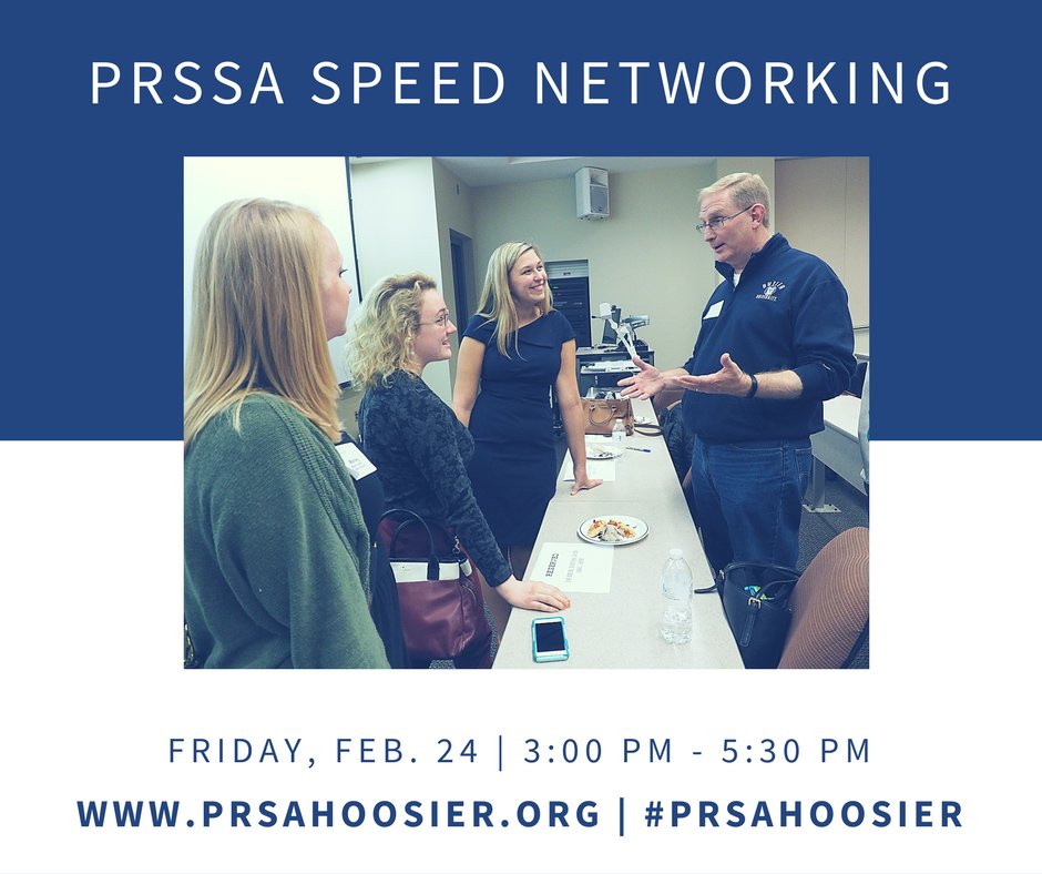 PRSAHoosier's tweet photo. @TaylorPRSSA @UIndyPRSSA @iupuijournalism @iuPRSSA: Please join us Feb. 24 for our first speed networking event. https://t.co/OI1F0K0FyJ https://t.co/RJkeKAJ4M3
