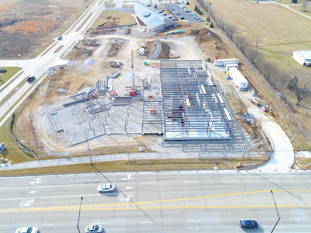 ICSConstruction's tweet image. Fly over of our @WentzvilleMo City Hall project courtesy of Spirit Aerial Imaging. Steel is going up and the building is taking shape.