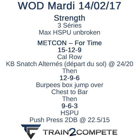 T2CProgramming's tweet photo. Le WOD du jour.
#CrossFit #wod #masteryourskills #strength #HSPUunbroken #calrow #KBsnatch #burpeesboxjumpover #chesttobar #HSPU #pushpress https://t.co/n0rqMoB98M