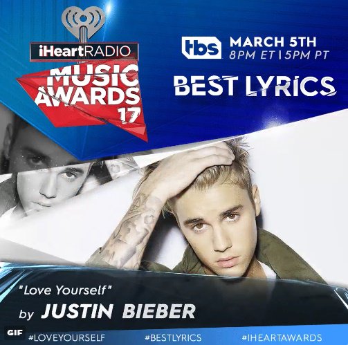 JustinTeamITA's tweet photo. .@JustinBieber's #LoveYourself is nominated for #BestLyrics at the #iHeartAwards. Vote by retweeting and tweeting the three hashtags. https://t.co/RiU2hwkvsv