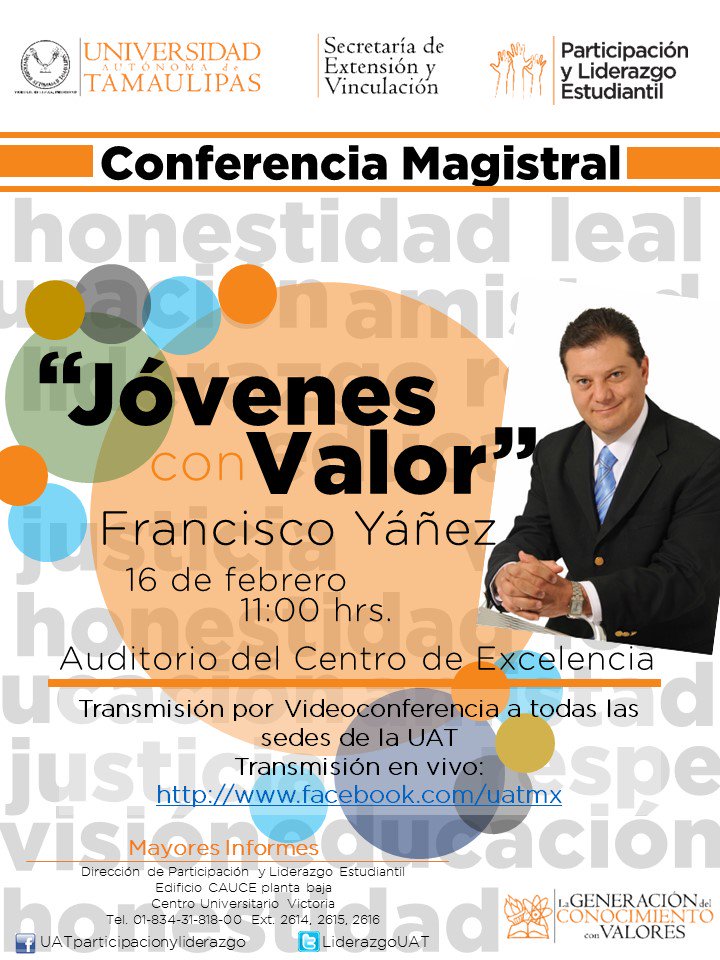 LiderazgoUAT's tweet photo. Este jueves se realizará la primer Conferencia Magistral del ciclo escolar llamada "Jóvenes con Valor". #ParticipacionyLiderazgo #CdVictoria https://t.co/JpOpHTJSq0