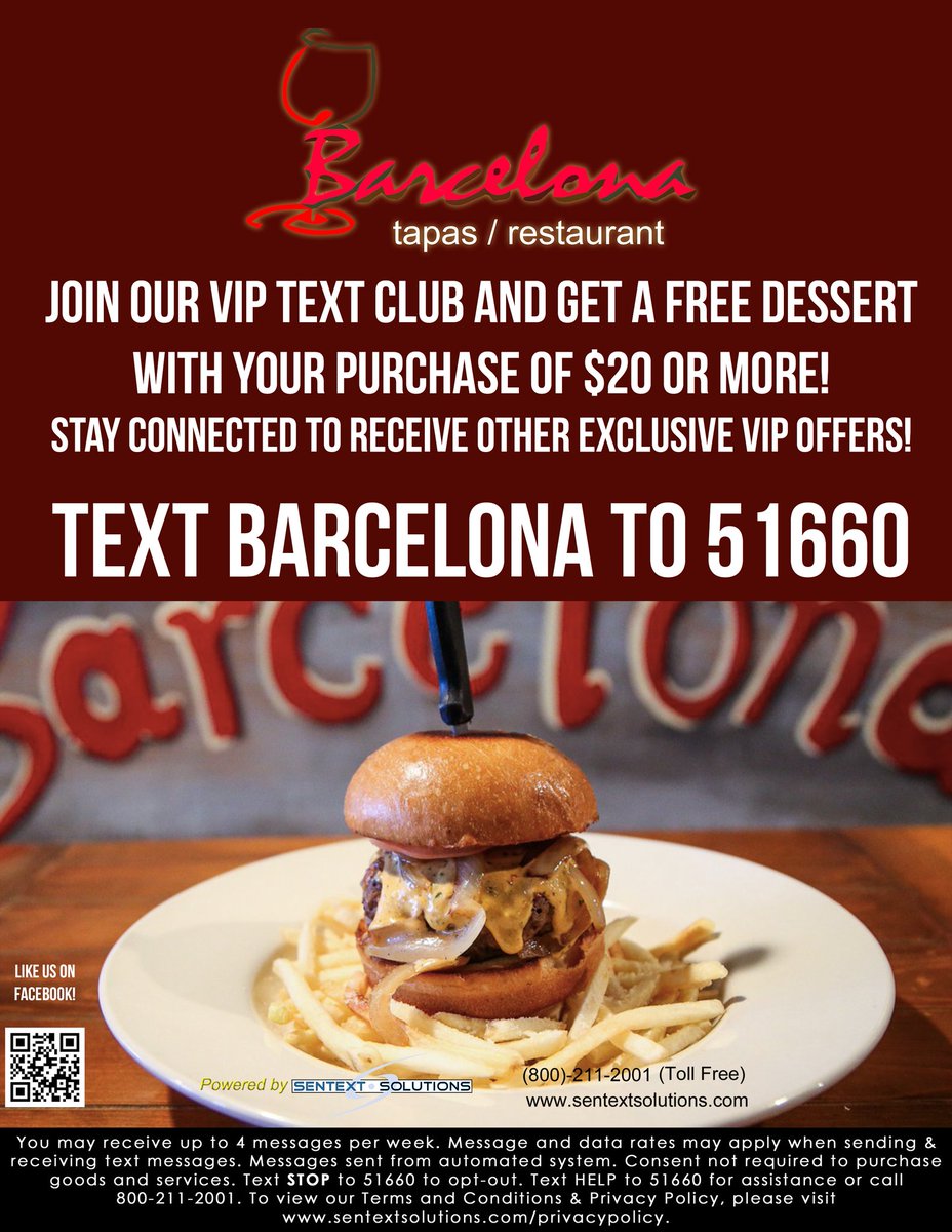 TEXT BARCELONA TO 51660 AND RECIEVE FREE OFFERS @ NO COST TO YOU!! DAILY SPECIALS AND SPECIAL OFFERS ❤