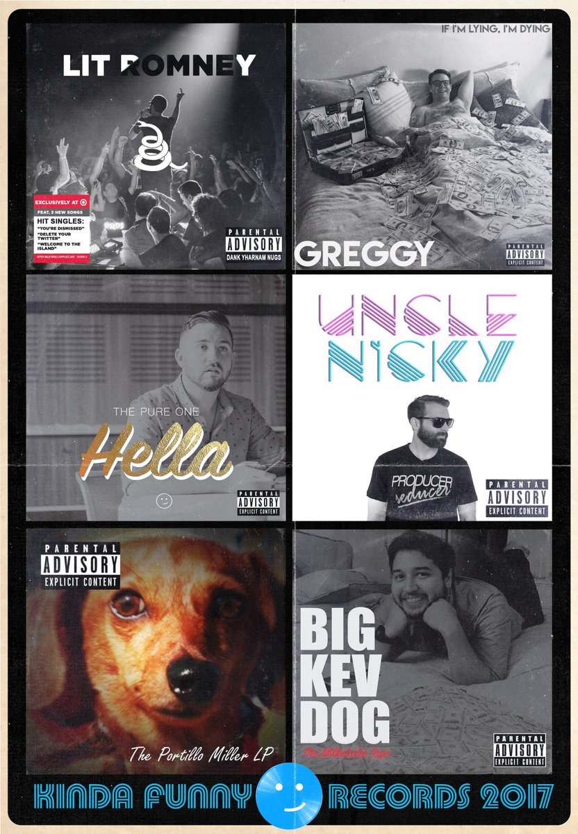 _Titsworth's tweet photo. @KindaFunnyVids Happy Valentine's Day! Made a poster of the album covers @BlessingJr @NicoSaysThings #ChrisNelson and I designed. #KFRecords https://t.co/uCAbDcOoxu