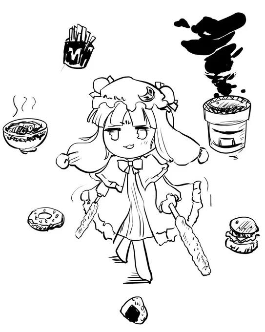 @ayaajituki 
「サテライトアジツキ」
フライドポテト・サンマ・ハンバーガー・おにぎり・ドーナッツ・ラーメン
そして両手に食べるとおなかが膨れる不思議な杖 きりたんぽ 