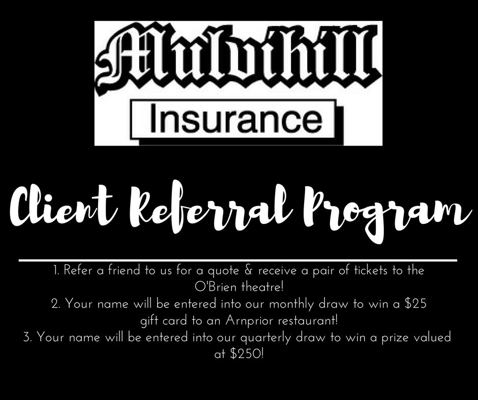 MulvihillInsur's tweet photo. Introducing our #ClientReferralProgram #Arnprior #InsuranceBroker
We LOVE Referrals! https://t.co/dzhDyPwK9O