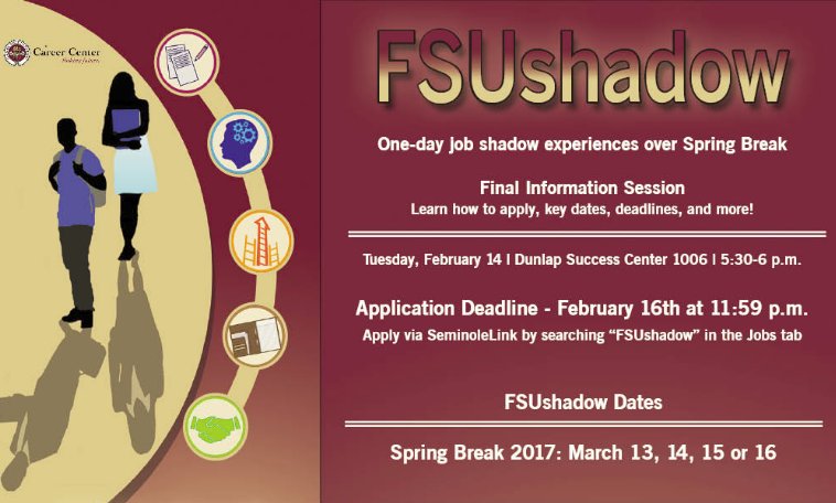 FSUCPS's tweet photo. Thursday is the last chance to apply for the FSUshadow Program! https://t.co/Mjr0faG8v7 #FSUBusiness #HireANole #FSU https://t.co/p4nzolorfG