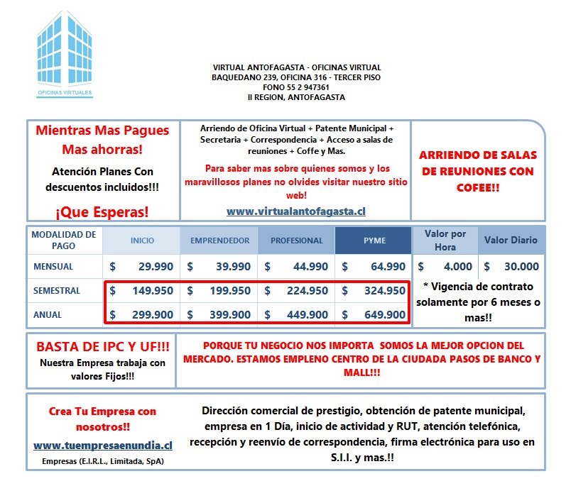 <a href="/VirtualAntofaga/">Virtual Antofagasta</a> bajo sus precios para que el emprendedor pueda seguir adelanto junto con un servicio de calidad y respaldo... SIN GARANTIA!