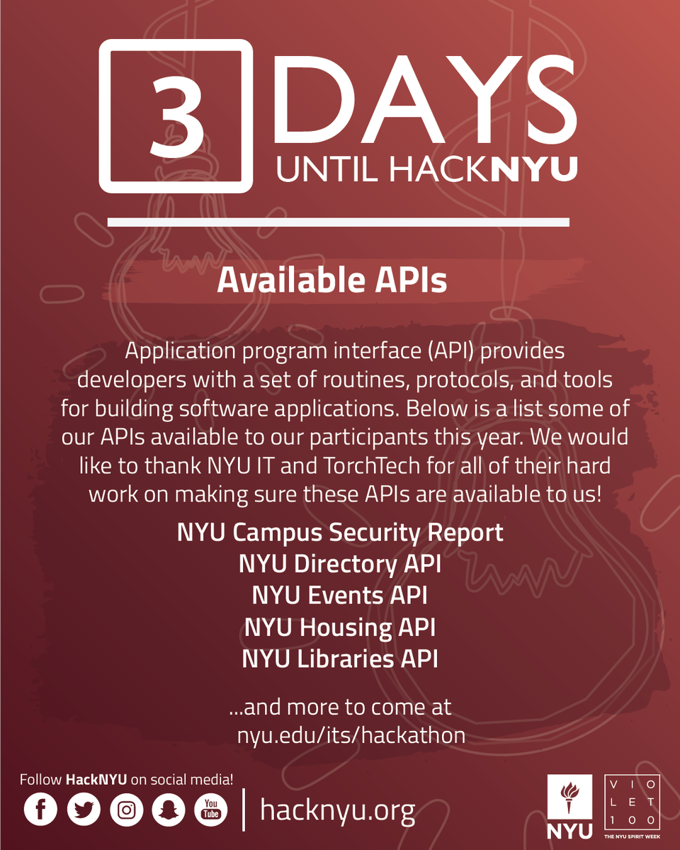 HackNYU's tweet photo. 3 DAYS LEFT! Thank you to @_NYUIT and @nyutorchtech for all of their hard work in making these APIs available! More APIs to come! #hackfax https://t.co/6hIJ71lFDA