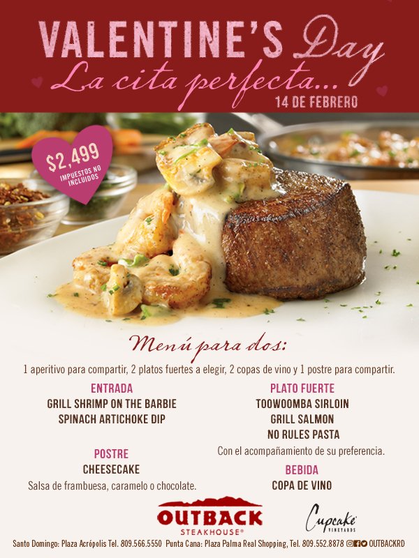 EmailMS's tweet photo. #outbackrd #SanValentín💕 Day | La cita perfecta...14 DE FEBRERO   menú para 2 💑 por $2,499 +imp. Para reservaciones 📞809-566-5550 @OutbackRD https://t.co/ePDBQ40RU0