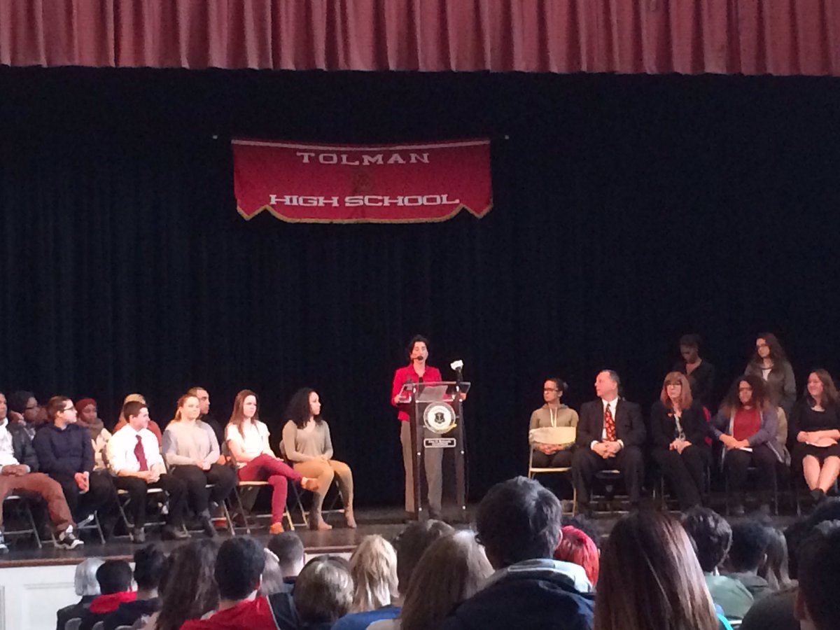 Governor Raimondo talks to Tolman juniors and seniors about her 2 year tuition commitment for State students. <a href="/PawtucketSup/">Patti DiCenso</a> <a href="/GinaRaimondo/">Gina Raimondo</a>