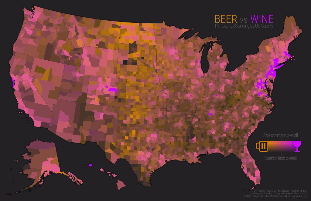 Esri's tweet image. What will America&apos;s sweethearts toast with this #ValentinesDay? Esri&apos;s consumer spending data tells all p.ctx.ly/r/3ktk #DataViz