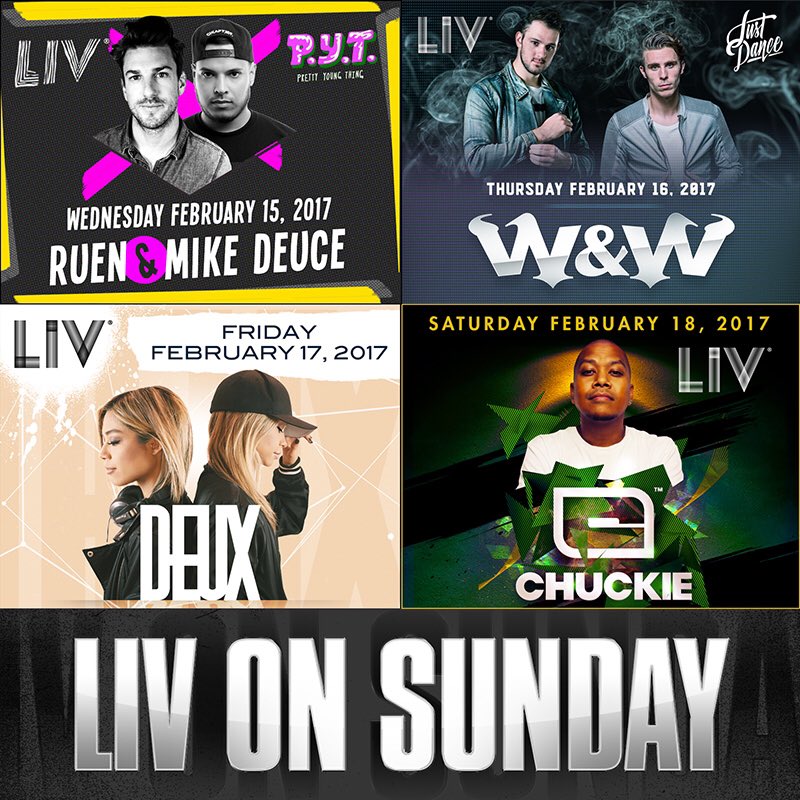 This week's schedule! @WandWmusic @djChuckie @DEUXtwins @DJRuen @Mike_Deuce #LIVONSUNDAY