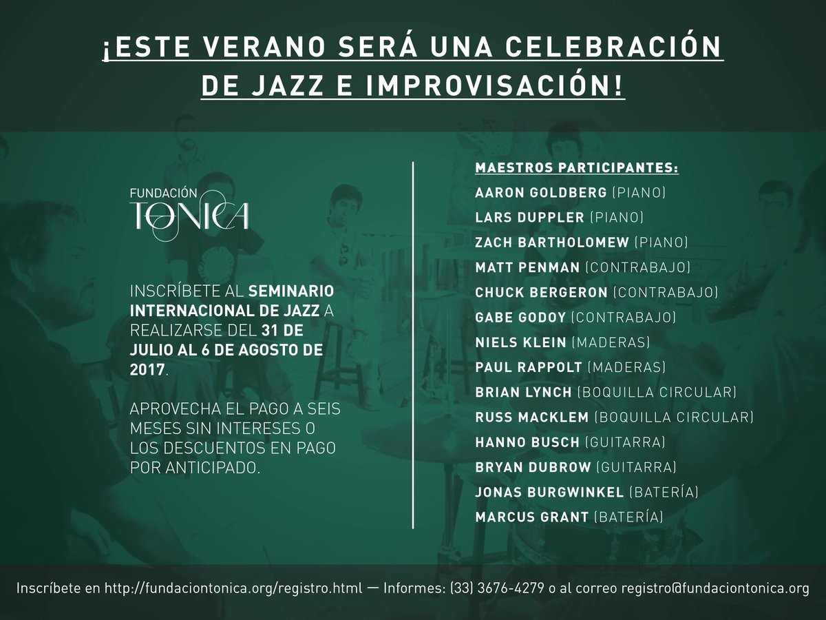 fundaciontonica's tweet photo. 🎶  Este verano te espera el #SeminarioInternacionalDeJazz en Guadalajara
Inscríbete aquí https://t.co/REiax7zH5N https://t.co/btcyiWXamT