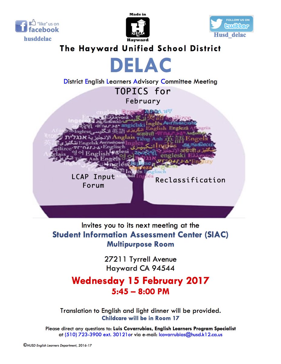 Husd_delac's tweet photo. TOMORROW: DELAC LCAP Forum
MAÑANA: Foro LCAP de DELAC
 5:45-8pm SIAC Multipurpose Room 27211 Tyrrell Ave, Hayward https://t.co/OA9bS2mDY3