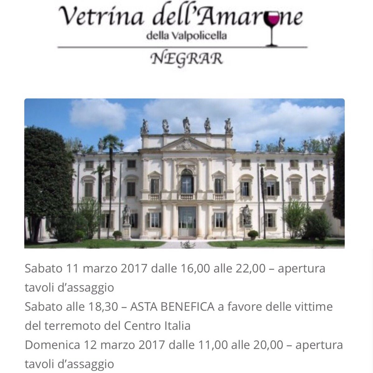CoeliCamilla's tweet photo. #wine lovers #Amarone#Vetrinadellamarone#valpolicellaasta di beneficenza per popolazioni terremotatehttp://www.tourism.verona.it/it/eventi https://t.co/JGGH9yjVQ6