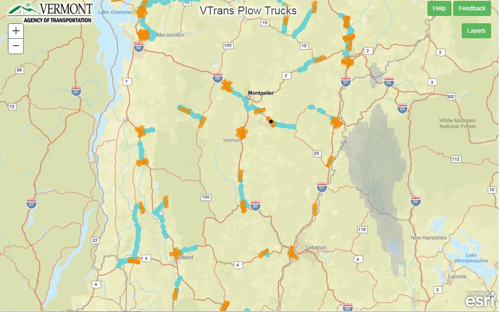EsriTransport's tweet photo. Our user @511VT releases Plow Finder, making location of plows available to everyone! 
https://t.co/DVA4FfzXOH #snowsolutions https://t.co/NaEBT9tPkb