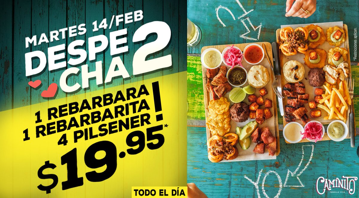 CAMINITOCHOCOS's tweet photo. ¡Martes de #Despecha2! Venite a celebrarlo con tus amigos con las famosas picadas (rebarbara + rebarbarita) + 4 Pilsener por solo $19.95. https://t.co/n73HUJsXoO
