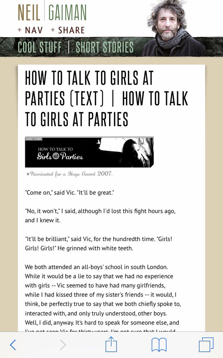 AnthonyM_24's tweet photo. Excellent short story @neilhimself named How to talk girls at parties. 100% recommended, it was something new for me to read. I love it 👌🏻👏🏻 https://t.co/uOoBEp1bSk
