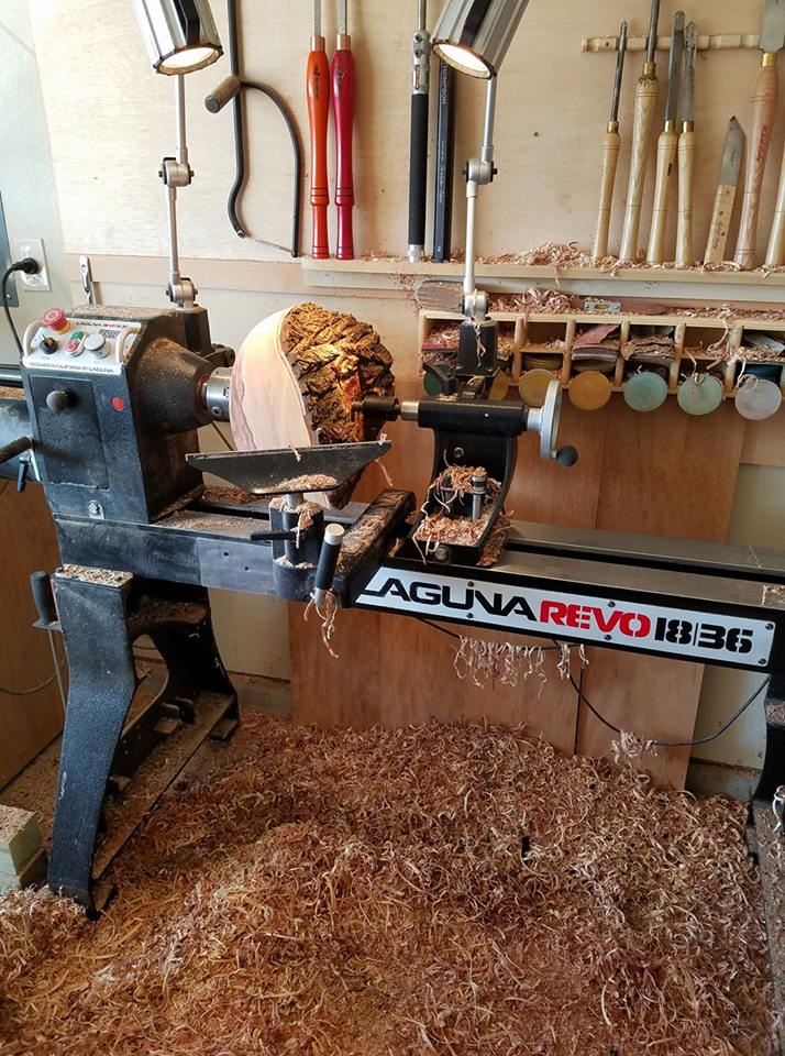 LagunaTools's tweet photo. Turning Tuesdays with Christopher J. on his REVO 1836 lathe. #turningtuesdays #tuesdayturning #lathe #woodturner #woodturning #woodworker https://t.co/UK3dDCSfaR