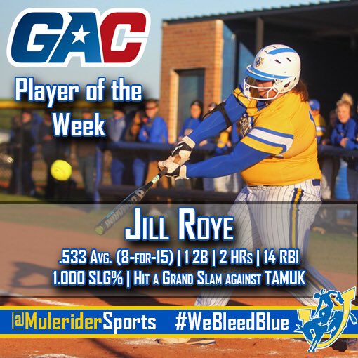 Congrats to <a href="/SAUSoftball/">Mulerider Softball</a>'s Jill Roye for being named #theGAC Player of the Week! #GoMuleriders #WeBleedBlue
