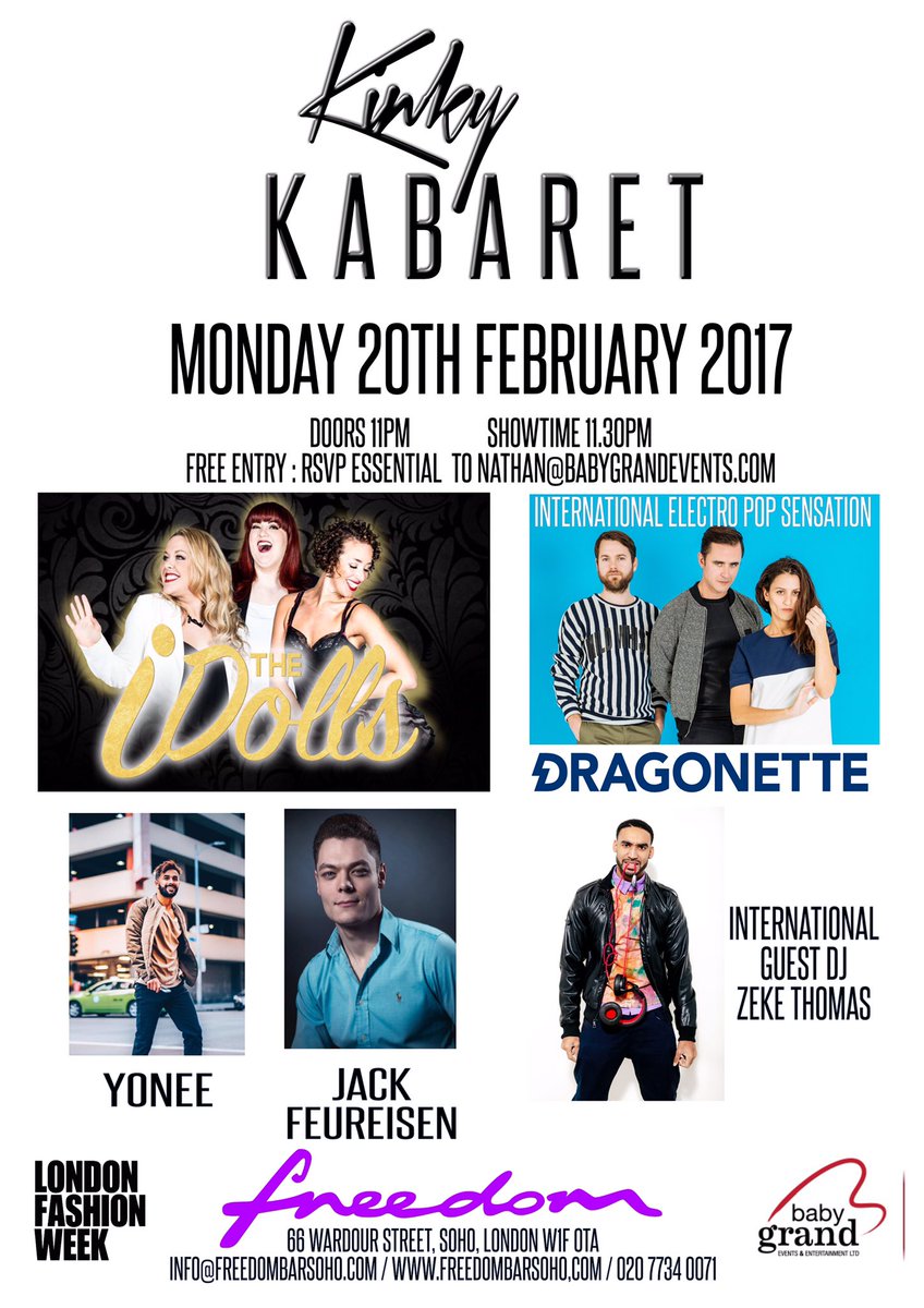Next week I am producing a #LFW <a href="/KinkyKabaret/">Kinky Kabaret</a> special <a href="/freedombarsoho/">Freedom Bar</a> with an amazing lineup <a href="/The_IDolls/">The IDolls</a> <a href="/dragonette/">Dragonette</a> @iamYONEE <a href="/JFeureisen/">Jack Fury</a>