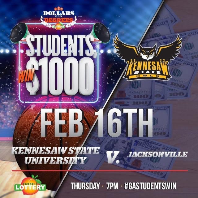 KSUstudentswin's tweet photo. Come support @KSUOWLSMBB  this Thursday and you might even win $1K from the @GeorgiaLottery ‼️#GaStudentsWin https://t.co/5cw3gvfvM0