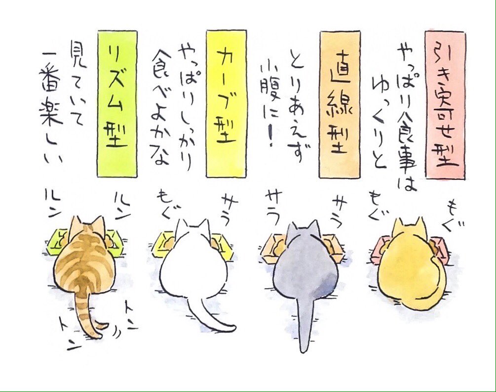 Tomoaki Kubo 猫の食事中 尻尾 を体に引き寄せる時と 伸ばしたままの時がある 前者の時は ご飯を前にしっかり体勢を整えてから食べ始め 後者の時はとりあえず掻き込む場合が多い 猫 も 今は食事 今はおやつ と意味付けをしているのかも