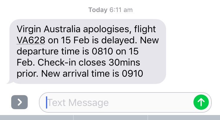 tillysouth's tweet photo. 2/2 on my most recent @VirginAustralia flights being delayed. I wonder if it'll be 3/3 when I fly with you guys to MEL this w/e? #complane https://t.co/GHC7p5w1lH