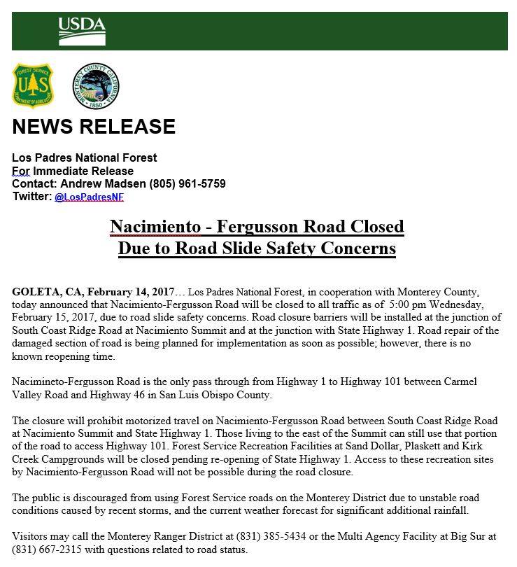 MontereyCoDEM's tweet image. Nacimiento-Fergusson Road will close tomorrow due to dangerous slide conditions. See information release for details.