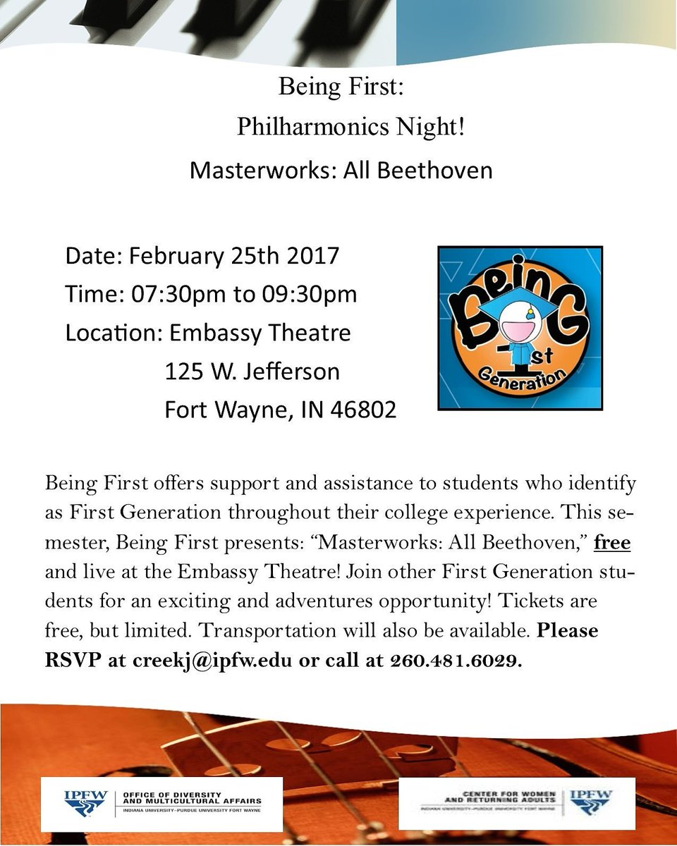 Being First (@pfw_beingfirst) on Twitter photo Saturday Feb 25, 2017. The Embassy Theater is showing Beethoven. If you want tickets call 260.481.6029 or email creekj@ipfw.edu. Thanks!! Saturday Feb 25, 2017. The Embassy Theater is showing Beethoven. If you want tickets call 260.481.6029 or email creekj@ipfw.edu. Thanks!!