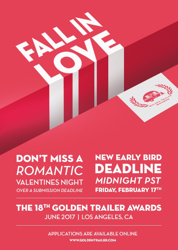 trailertv's tweet photo. 18th Annual Golden Trailer Awards Early Deadline extended until Friday Feb 17th, 2017. For online application https://t.co/6pmscZv90R https://t.co/Ym6FXgxjh2