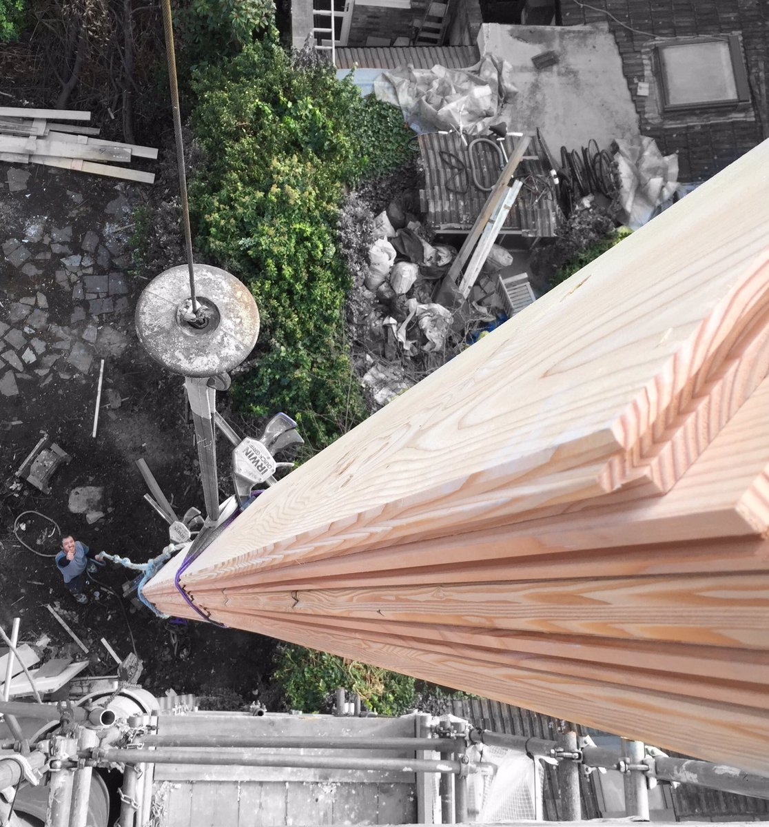 Getting the 7 meter <a href="/Dinesen/">Dinesen</a> Douglas Fir planks up to the penthouse at the Prince of Wales was a good challenge today.