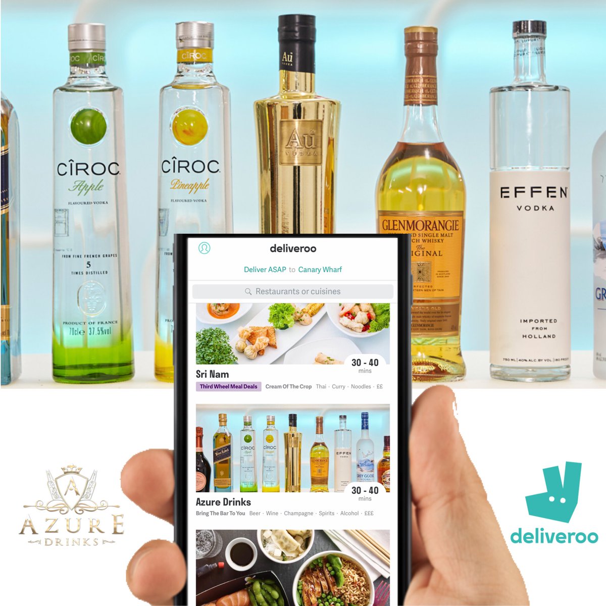 #AzureDrinks Available On <a href="/Deliveroo/">Deliveroo</a> in London Zone 2 (Canary Wharf) Free Bottle Of Wine Or Chocolates With Every Order Today #deliveroo