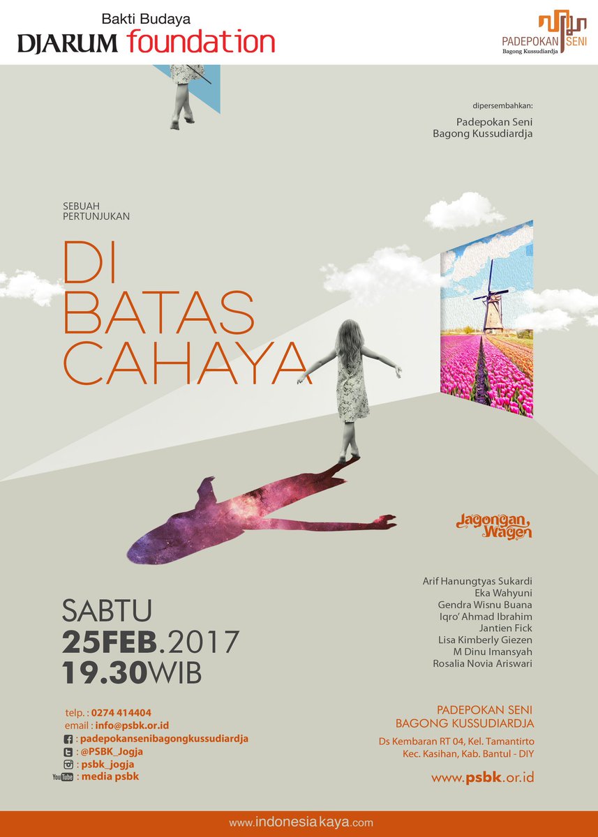 Jagong Wagean "Di Batas Cahaya" | 25 Februari 2017 Jam 19.30 WIB di Padepokan Seni Bagong Kussudiardja(PSBK)
goo.gl/Mw8n32