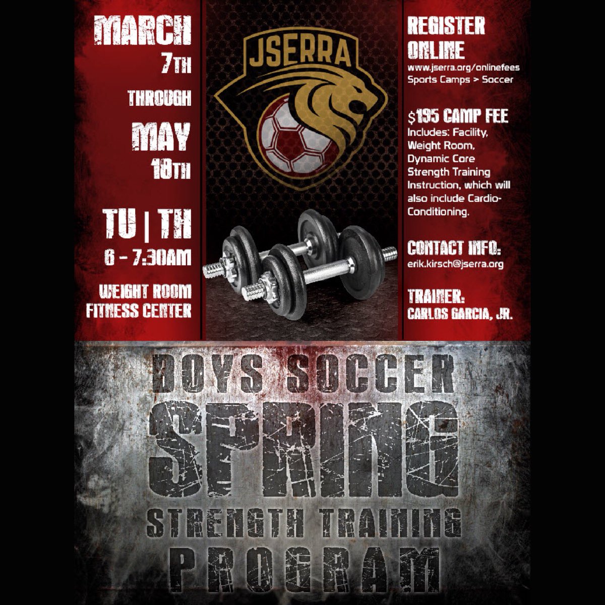 ALL JS SOCCER PLAYERS: REGISTER ONLINE NOW on JSerra Portal-Sports Camps>Boys Soccer. Spring Training Tu/Th AM with Carlos, March 7-May 18th