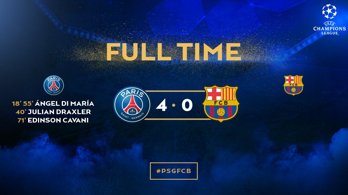 Paris Saint-Germain on Twitter: "FULL TIME: An absolutely masterful performance PSG, who a 4-0 first-leg lead Barcelona!!! #PSGFCB 🔴🔵 https://t.co/ej3mvUMNJd" / Twitter