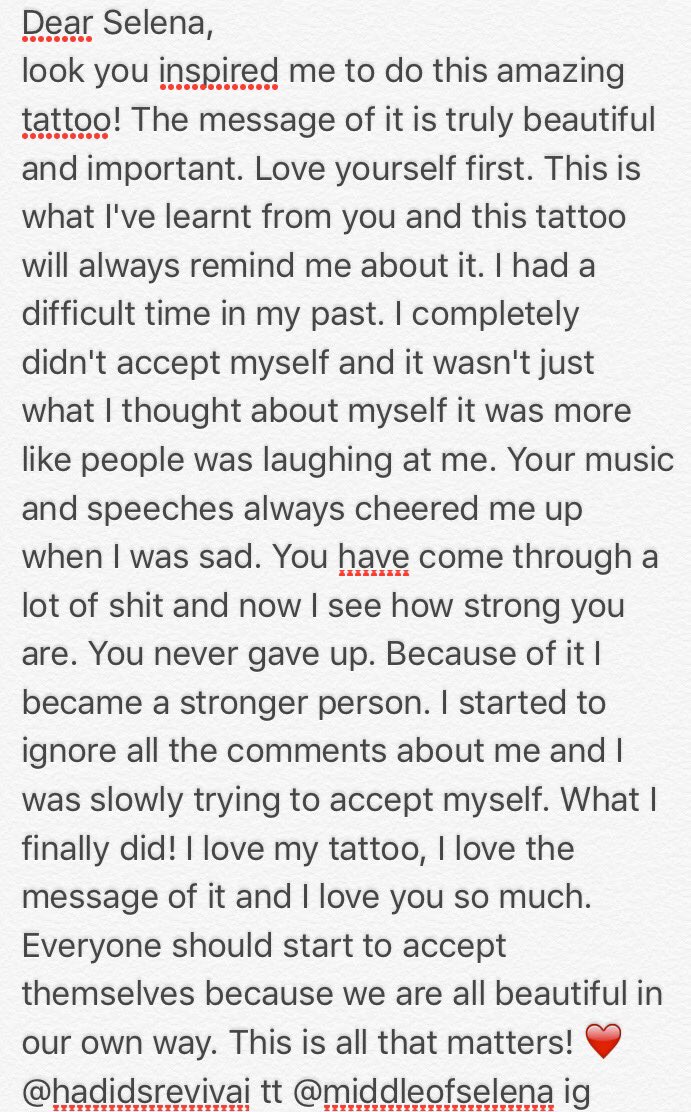 hadidngomez's tweet photo. @selenagomez we've got matching tattoos! I did this one because you've taught me how to love myself. I'm so thankful. Love you ALWAYS. https://t.co/oWkbO2Xv8L